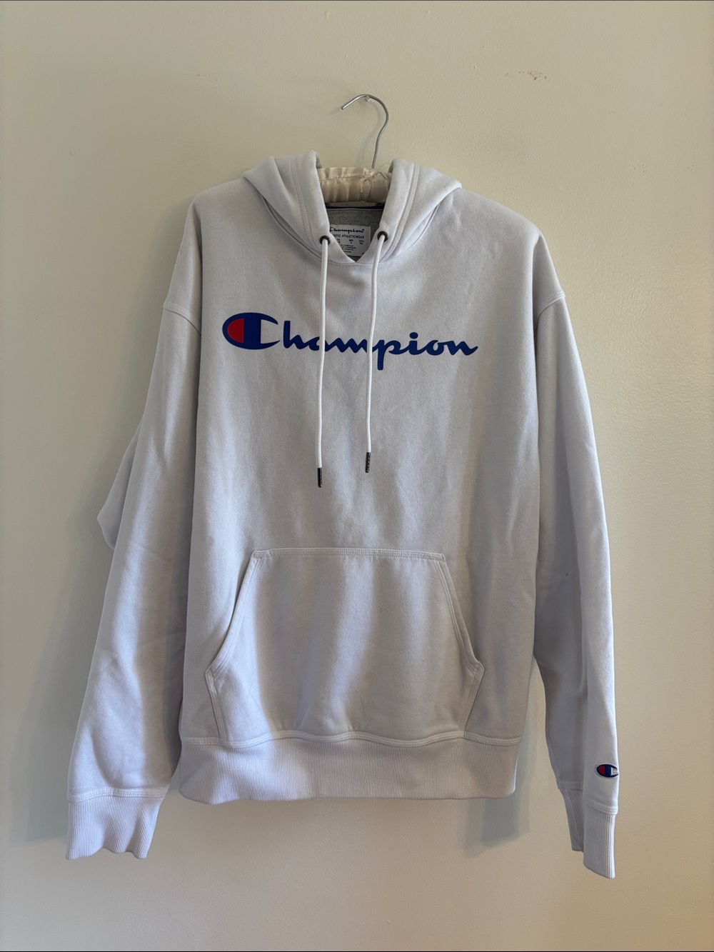 Champion White Pullover Hoodie with Blue Script and Red Accent